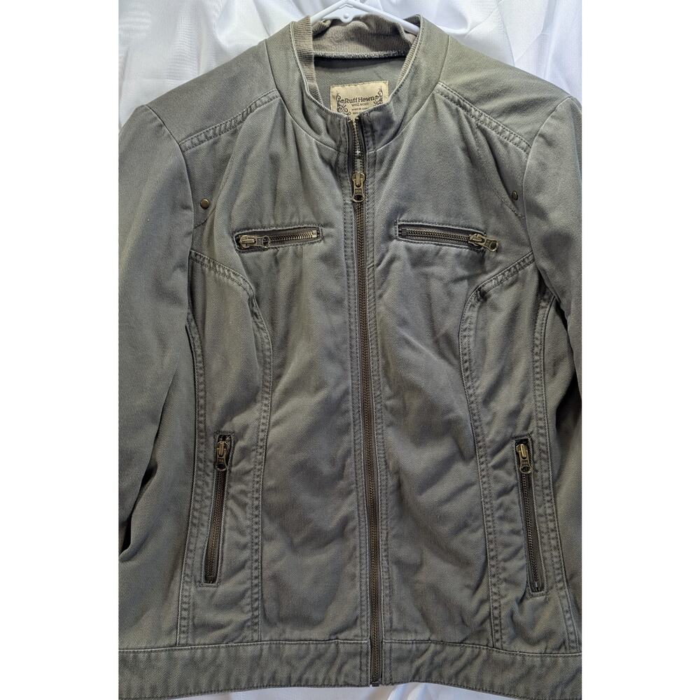 Ruff Hewn Well Worn Zipper Front & Pockets Moto Style Jacket Army Green Size M